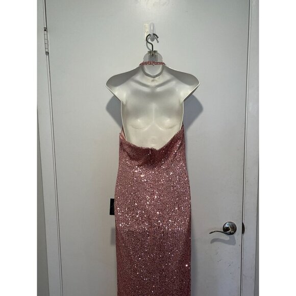 NWT Leena for Mac Duggal Pink Sequined Halter Strap Low Side Knot Gown Size 8 - Picture 11 of 16
